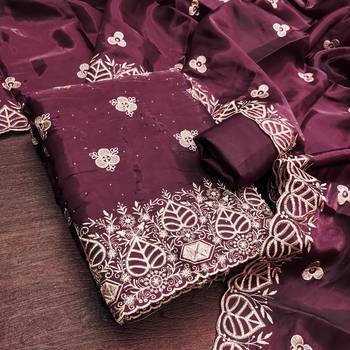 wine embroidered jimmi choo silk blend unstitched dress material  3