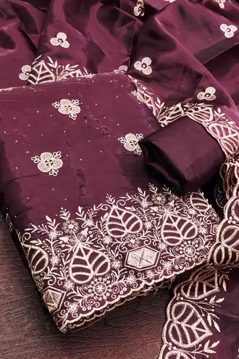 wine embroidered jimmi choo silk blend unstitched dress material 