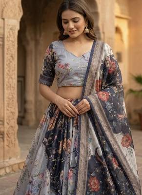 NAVY BLUE SEQUINS ZARI EMROIDERY WORK ORGANZA LEHENGA CHOLI SET FOR WOMEN'S 2