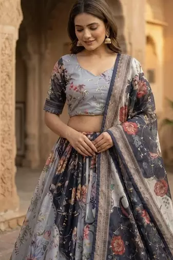 NAVY BLUE SEQUINS ZARI EMROIDERY WORK ORGANZA LEHENGA CHOLI SET FOR WOMEN'S