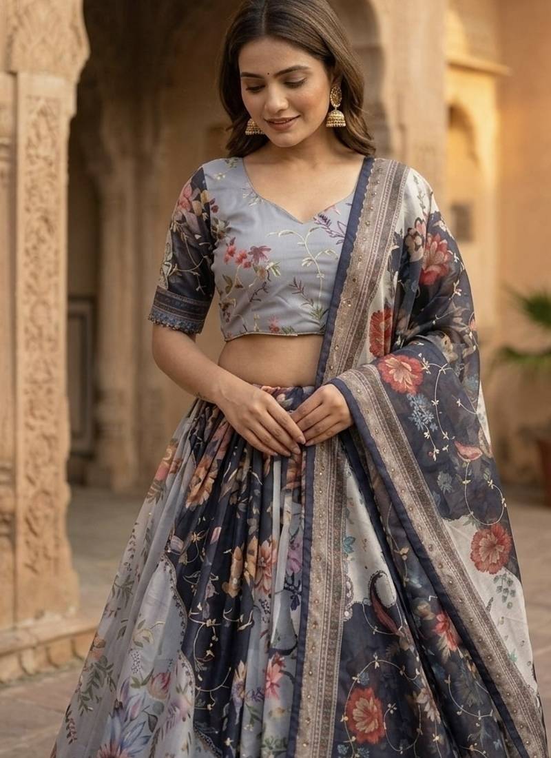 NAVY BLUE SEQUINS ZARI EMROIDERY WORK ORGANZA LEHENGA CHOLI SET FOR WOMEN'S