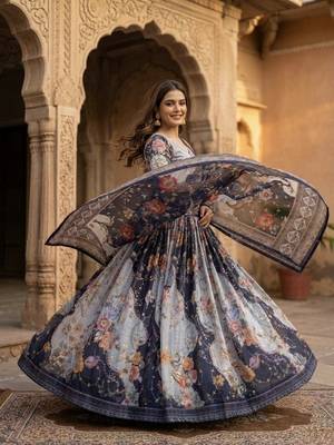 NAVY BLUE SEQUINS ZARI EMROIDERY WORK ORGANZA LEHENGA CHOLI SET FOR WOMEN'S 3