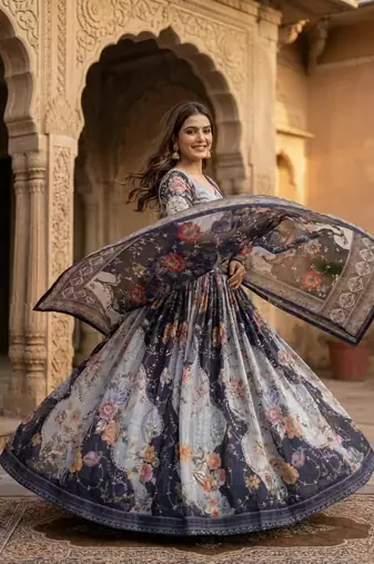 NAVY BLUE SEQUINS ZARI EMROIDERY WORK ORGANZA LEHENGA CHOLI SET FOR WOMEN'S