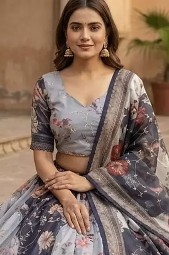 NAVY BLUE SEQUINS ZARI EMROIDERY WORK ORGANZA LEHENGA CHOLI SET FOR WOMEN'S