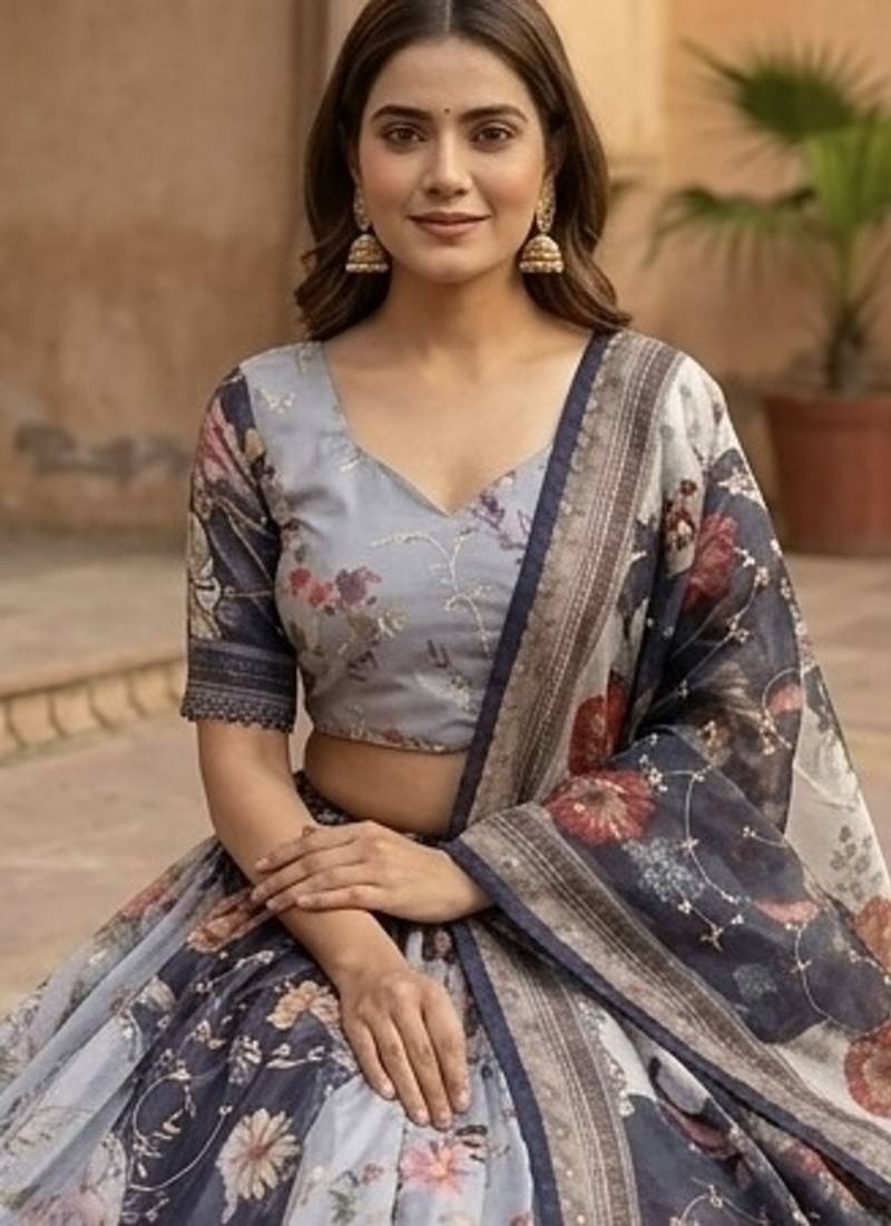 NAVY BLUE SEQUINS ZARI EMROIDERY WORK ORGANZA LEHENGA CHOLI SET FOR WOMEN'S