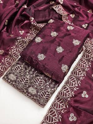 wine embroidered jimmi choo silk blend unstitched dress material  4