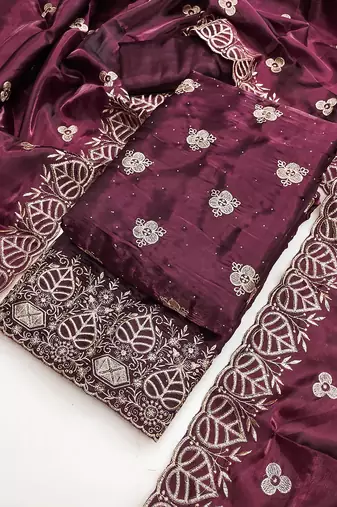 wine embroidered jimmi choo silk blend unstitched dress material 