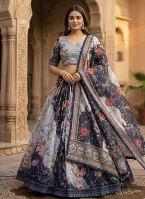NAVY BLUE SEQUINS ZARI EMROIDERY WORK ORGANZA LEHENGA CHOLI SET FOR WOMEN'S 5