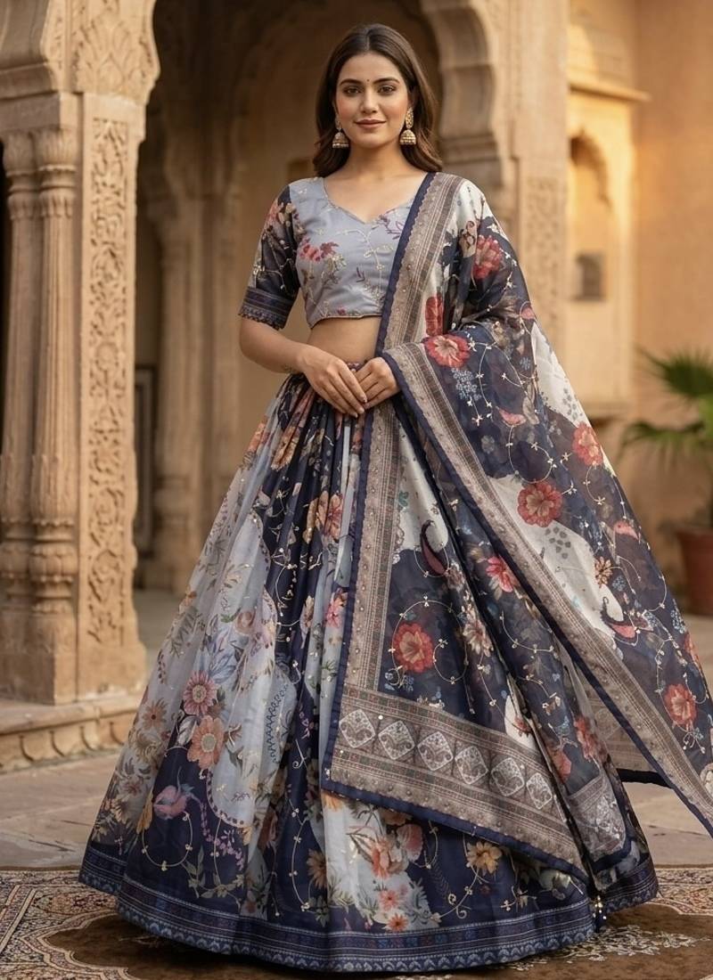 NAVY BLUE SEQUINS ZARI EMROIDERY WORK ORGANZA LEHENGA CHOLI SET FOR WOMEN'S