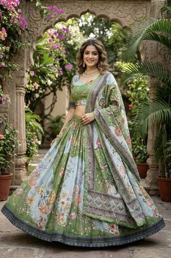 PARROT GREEN SEQUINS ZARI EMROIDERY WORK ORGANZA LEHENGA CHOLI SET FOR WOMEN'S