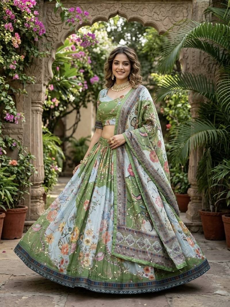 PARROT GREEN SEQUINS ZARI EMROIDERY WORK ORGANZA LEHENGA CHOLI SET FOR WOMEN'S