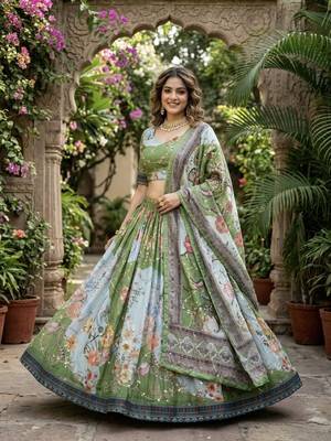 PARROT GREEN SEQUINS ZARI EMROIDERY WORK ORGANZA LEHENGA CHOLI SET FOR WOMEN'S 1