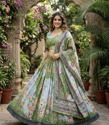PARROT GREEN SEQUINS ZARI EMROIDERY WORK ORGANZA LEHENGA CHOLI SET FOR WOMEN'S