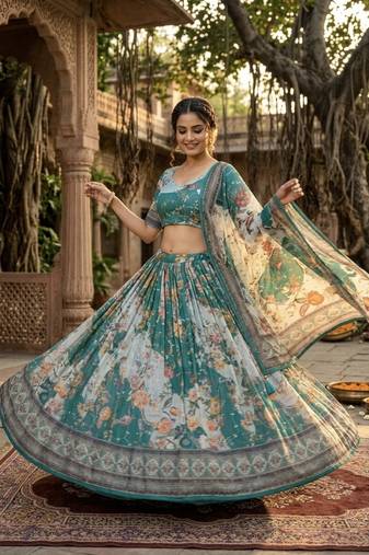 TEAL GREEN SEQUINS ZARI EMROIDERY WORK ORGANZA LEHENGA CHOLI SET FOR WOMEN'S