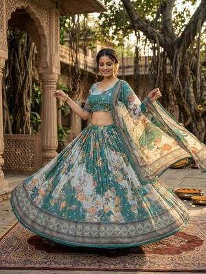 TEAL GREEN SEQUINS ZARI EMROIDERY WORK ORGANZA LEHENGA CHOLI SET FOR WOMEN'S 1