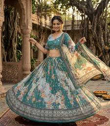 TEAL GREEN SEQUINS ZARI EMROIDERY WORK ORGANZA LEHENGA CHOLI SET FOR WOMEN'S