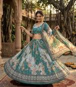 TEAL GREEN SEQUINS ZARI EMROIDERY WORK ORGANZA LEHENGA CHOLI SET FOR WOMEN'S
