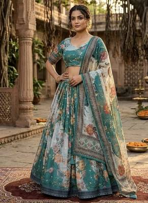 TEAL GREEN SEQUINS ZARI EMROIDERY WORK ORGANZA LEHENGA CHOLI SET FOR WOMEN'S 2