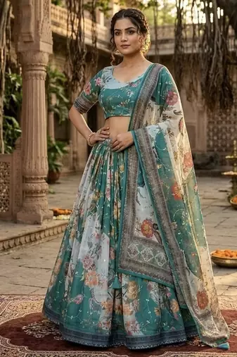 TEAL GREEN SEQUINS ZARI EMROIDERY WORK ORGANZA LEHENGA CHOLI SET FOR WOMEN'S