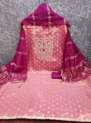 peach weaved shimmer butti unstitched dress material  2