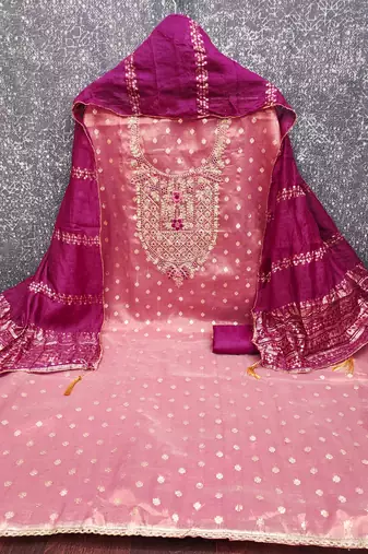 peach weaved shimmer butti unstitched dress material 