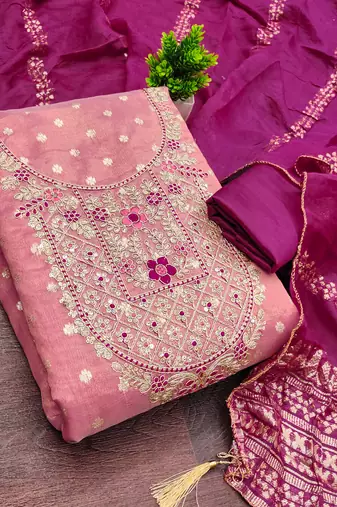 peach weaved shimmer butti unstitched dress material 