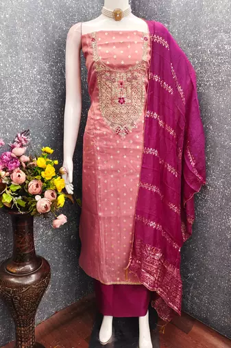 peach weaved shimmer butti unstitched dress material 