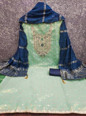 sea green weaved shimmer butti unstitched dress material  2