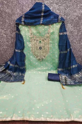 sea green weaved shimmer butti unstitched dress material 