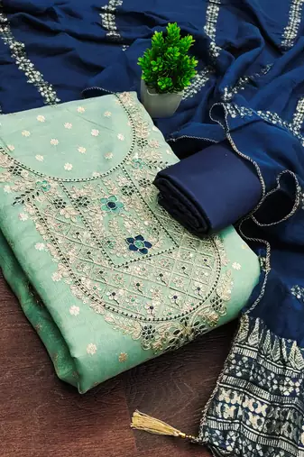 sea green weaved shimmer butti unstitched dress material 