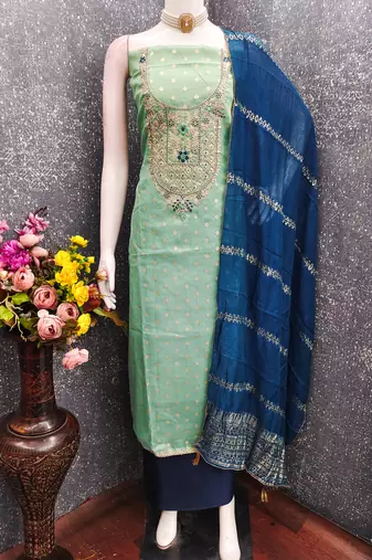 sea green weaved shimmer butti unstitched dress material 