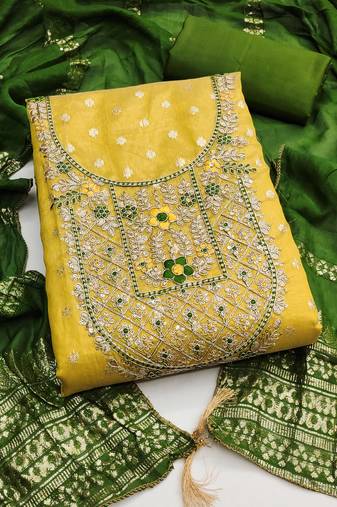 yellow  weaved shimmer butti unstitched dress material 