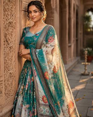 TEAL GREEN SEQUINS ZARI EMROIDERY WORK ORGANZA LEHENGA CHOLI SET FOR WOMEN'S 3