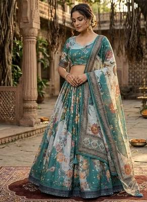 TEAL GREEN SEQUINS ZARI EMROIDERY WORK ORGANZA LEHENGA CHOLI SET FOR WOMEN'S 4