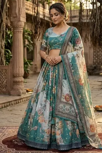 TEAL GREEN SEQUINS ZARI EMROIDERY WORK ORGANZA LEHENGA CHOLI SET FOR WOMEN'S