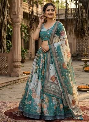 TEAL GREEN SEQUINS ZARI EMROIDERY WORK ORGANZA LEHENGA CHOLI SET FOR WOMEN'S 5