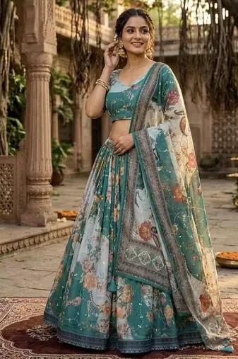 TEAL GREEN SEQUINS ZARI EMROIDERY WORK ORGANZA LEHENGA CHOLI SET FOR WOMEN'S