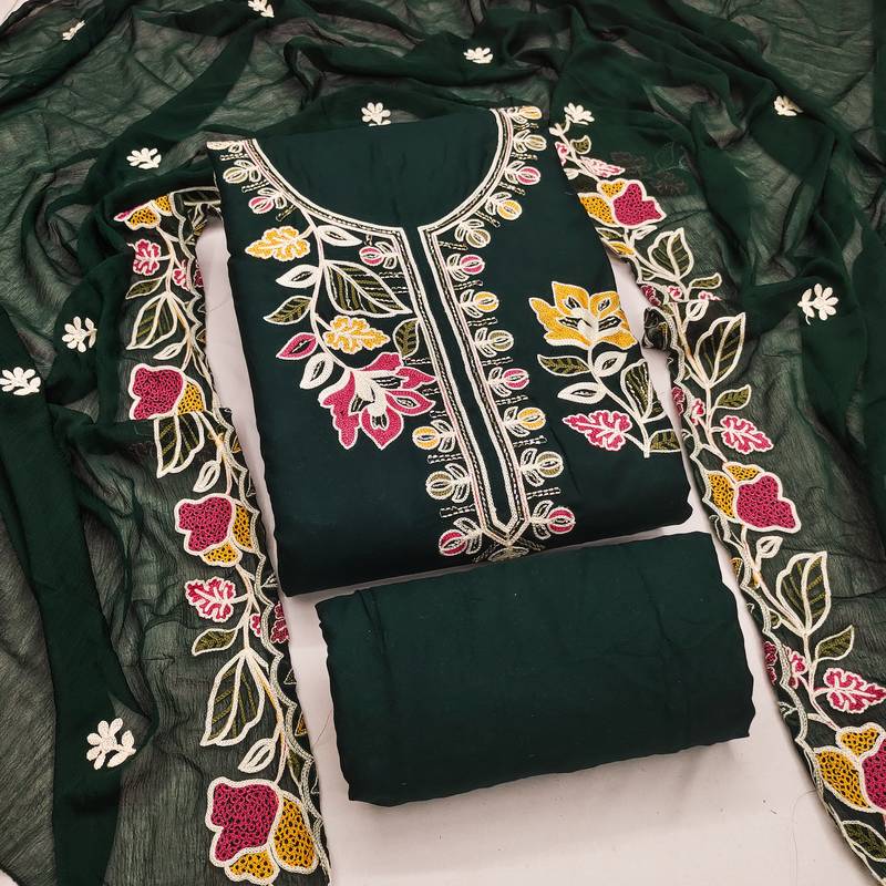 green embroidered rayon unstitched dress material 