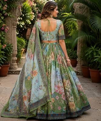 PARROT GREEN SEQUINS ZARI EMROIDERY WORK ORGANZA LEHENGA CHOLI SET FOR WOMEN'S 3