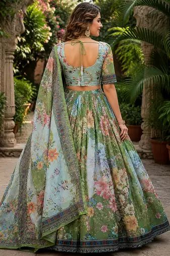 PARROT GREEN SEQUINS ZARI EMROIDERY WORK ORGANZA LEHENGA CHOLI SET FOR WOMEN'S