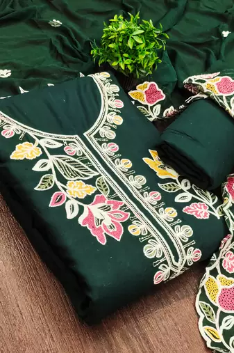 green embroidered rayon unstitched dress material 