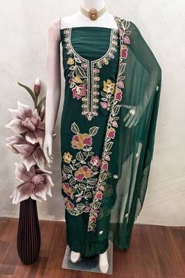 green embroidered rayon unstitched dress material  4