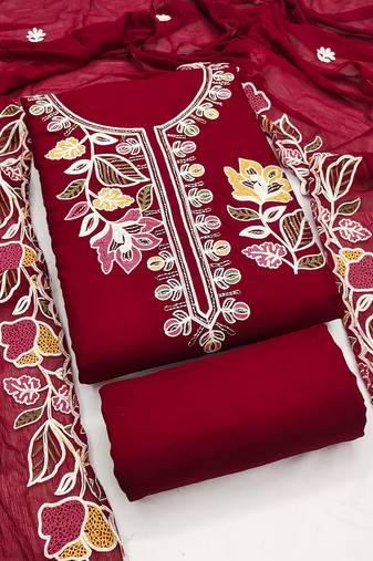 maroon embroidered rayon unstitched dress material 