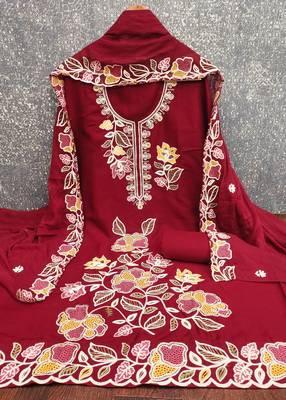 maroon embroidered rayon unstitched dress material  2