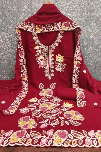 maroon embroidered rayon unstitched dress material 