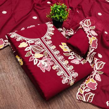 maroon embroidered rayon unstitched dress material  3