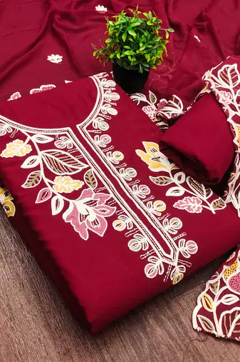 maroon embroidered rayon unstitched dress material 