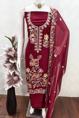 maroon embroidered rayon unstitched dress material  4