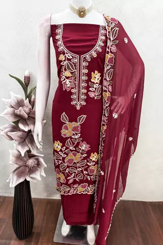 maroon embroidered rayon unstitched dress material 