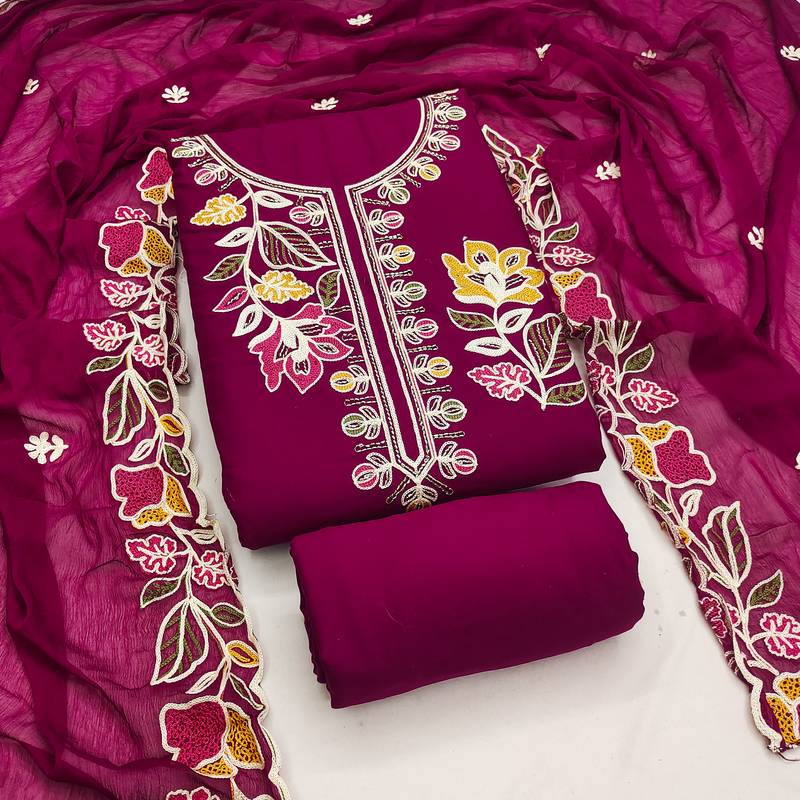 purple embroidered rayon unstitched dress material 